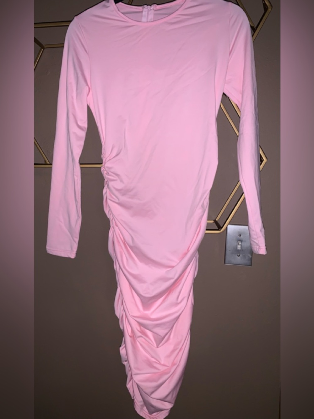 Pink Ruched Long Sleeve Women's Dress